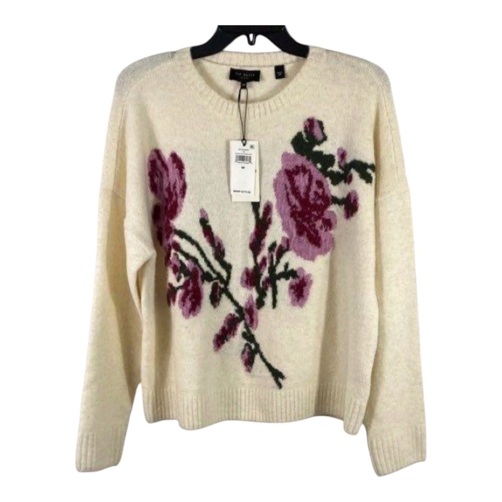 Ted Baker London Ivory Floral Wool Alpaca Blend Crewneck Sweater M NWT